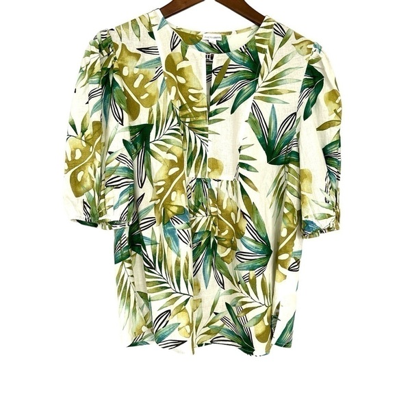 Sigrid Olsen top  with v-neck & short sleeves, loose fit, tropical, linen blend - Picture 1 of 16